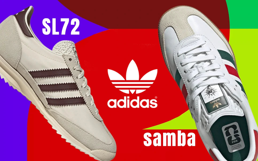 adidas SL72 en colores neutros y adidas Samba en color blanco con stripes rojos y verdes en honor al mundial 2026.