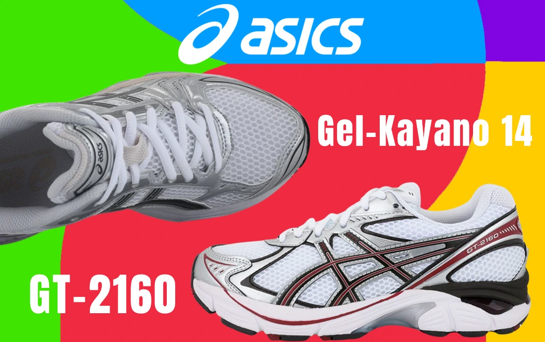 Los tenis Asics Gel-Kayano 14 y GT-2160 destacan por sus combinaciones neutras y detalles metálicos.