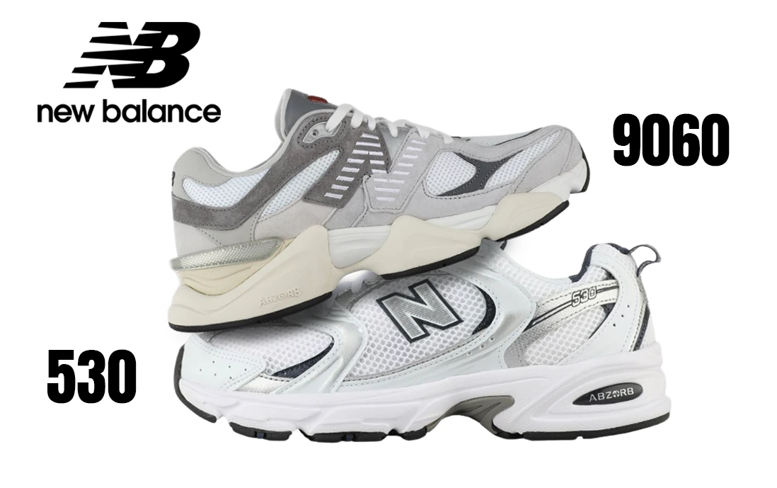 Sneakers New Balance 9060 y 530 en colores neutros y diseño moderno.