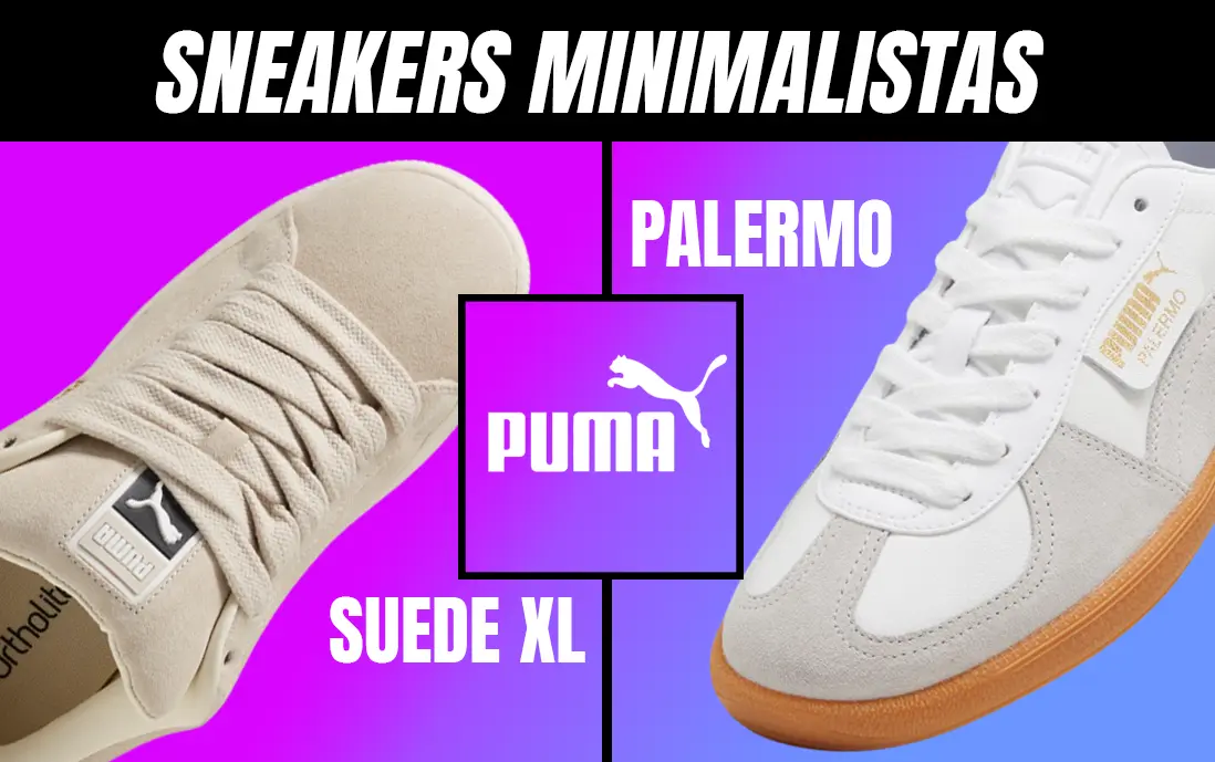 Los sneakers Puma Palermo y Suede XL son siluetas minimalistas en colores neutros.