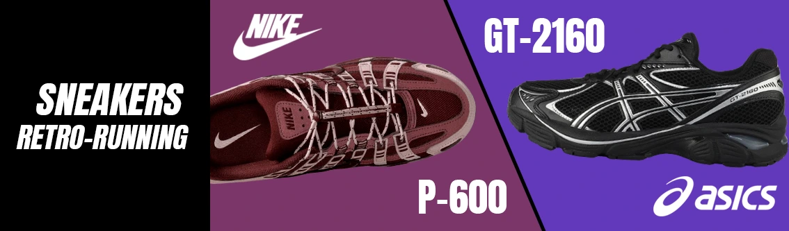 Sneakers Nike P-600 en color tinto con detalles técnicos y Asics GT-2160 en color negro y líneas con aspecto métalico.