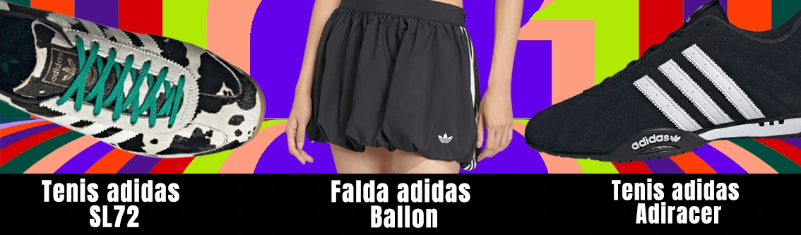 Falda adidas ballon en color negro y tenis adidas de siluetas bajas para vestir en tendencia.