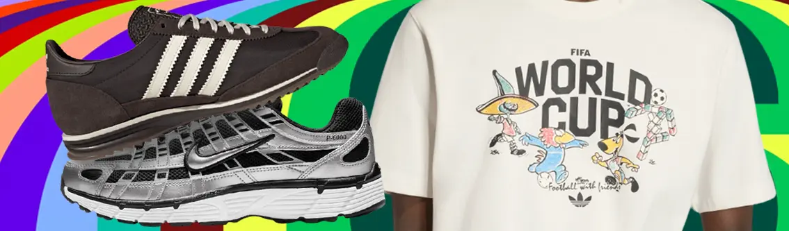 Playera adidas FIFA Mascot y tenis adidas SL72 y Nike P-6000 para vestir en tendencia durante el Mundial 2026.