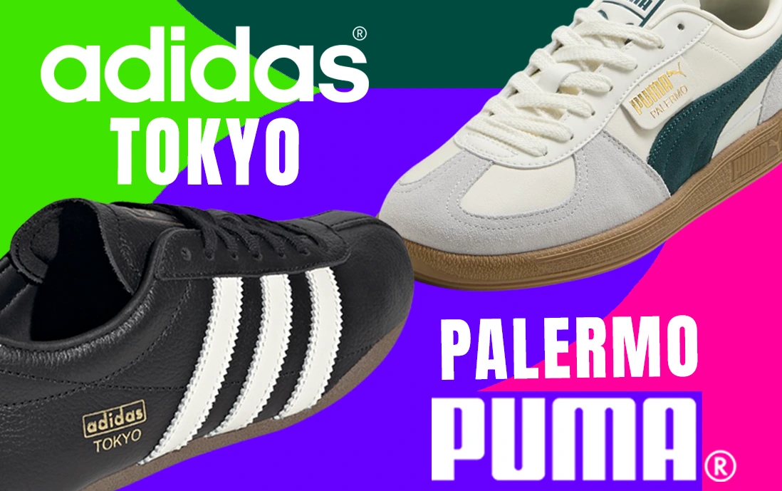 adidas Tokyo en color negro y stripes en blanco y Puma Palermo en colores neutros, con inspiración en el fútbol.