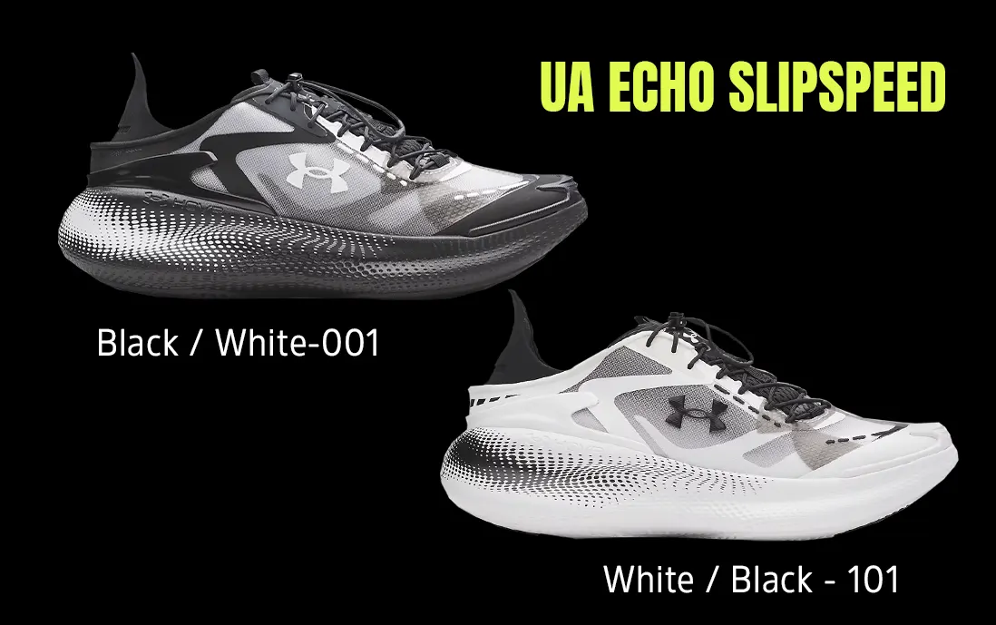 Tenis Under Armour Echo Slipsleep en color negro y blanco, con suela ancha y estética futurista. 