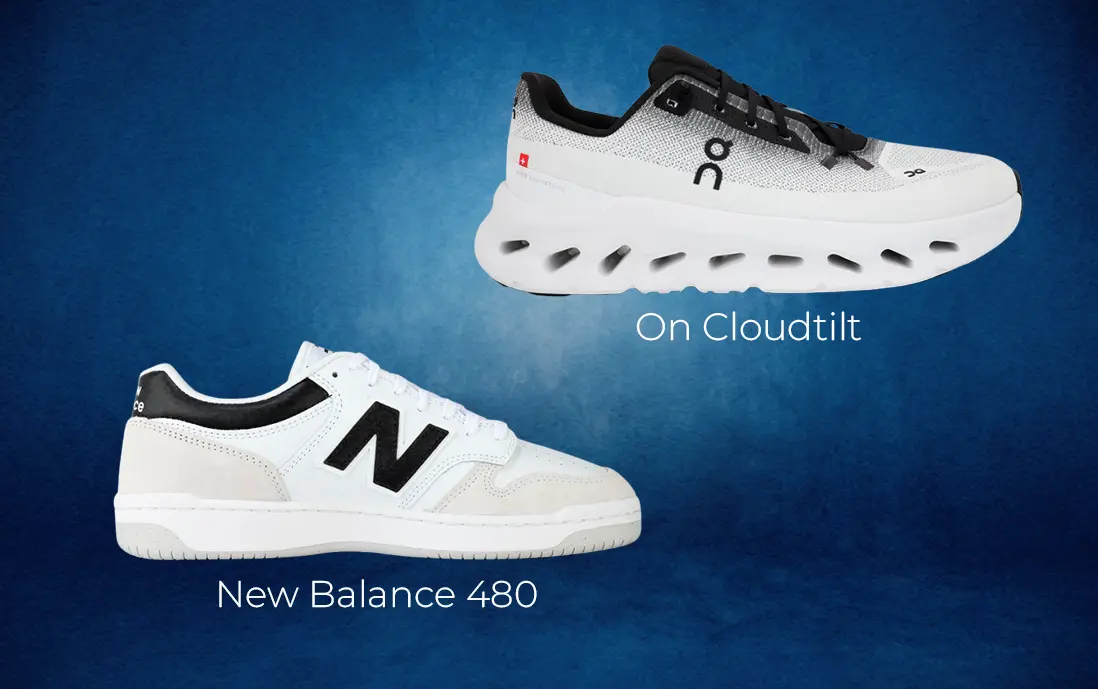 Tenis New Balance 480 y On Cloudtilt en color blanco y detalles en negro para outfits casuales.