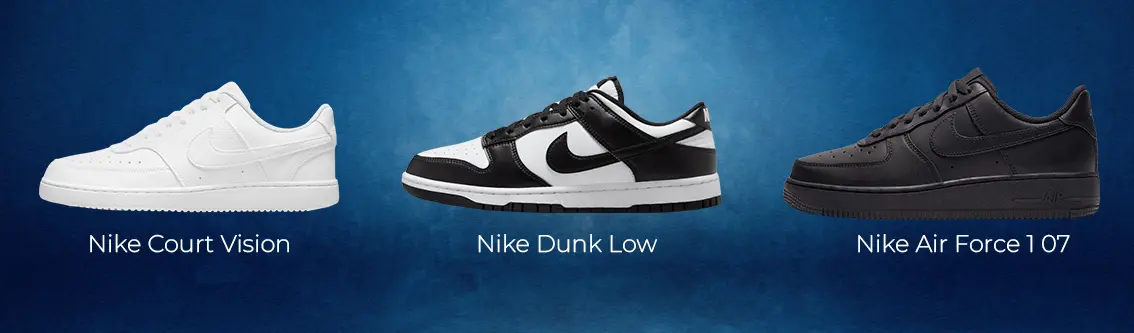 Las siluetas clásicas Court Vision, Dunk Low y Air Force 1 07 de Nike en blanco y negro para combinar con looks diarios.