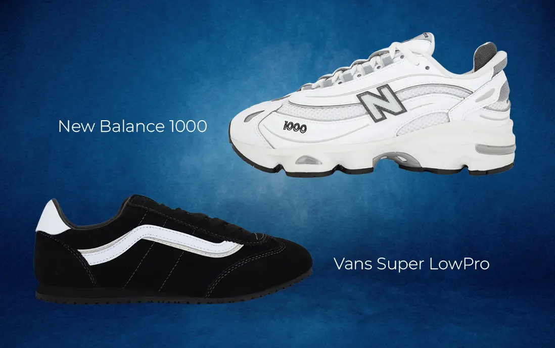 Tenis New Balance 1000 en color blanco y Vans SuperLowPro en color negro, con diseño minimalista y moderno para outfits casuales.
